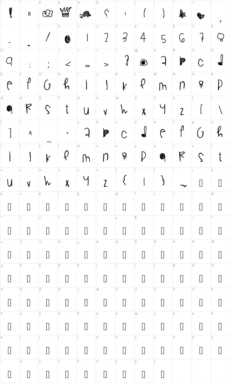 Gorgeous Flawsfont character map