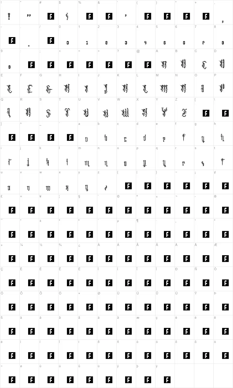 Grimeplexfont character map