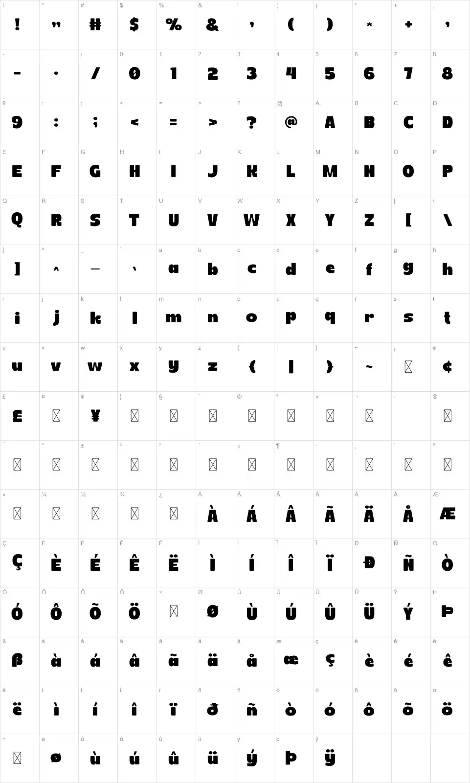 Gyozahfont character map