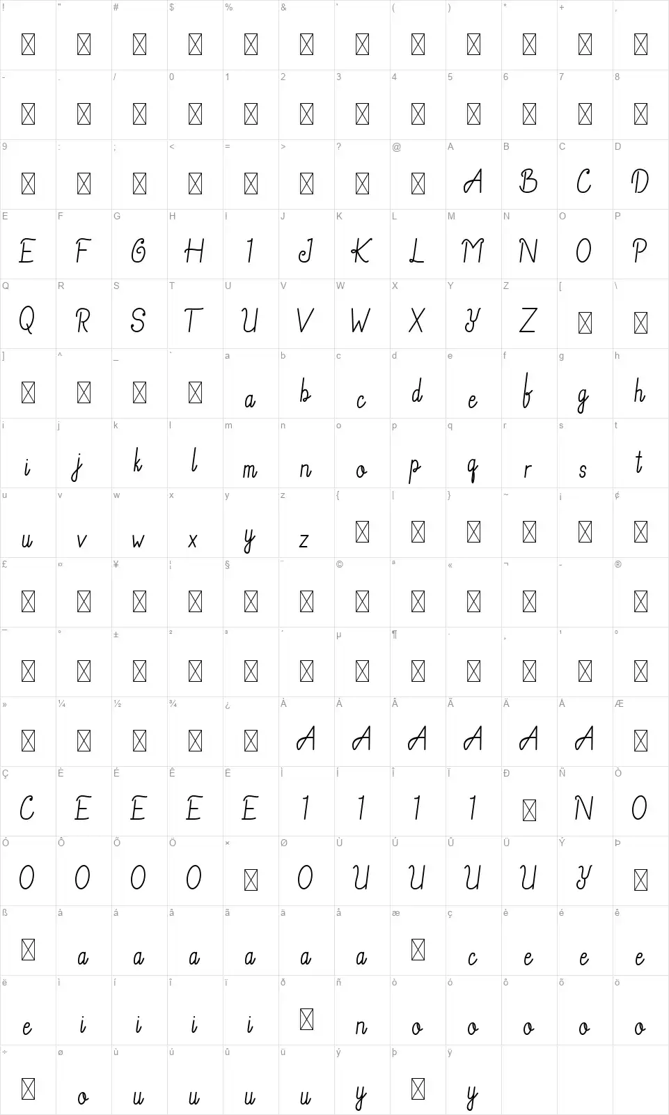 Helendia Scriptfont character map