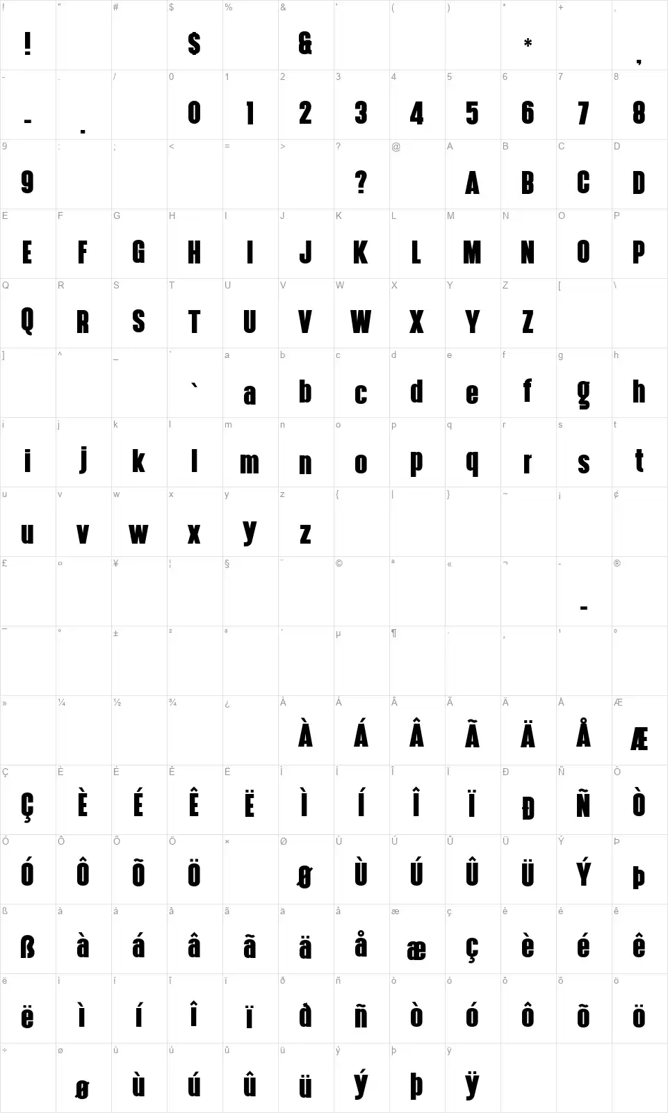 Hennigarfont character map