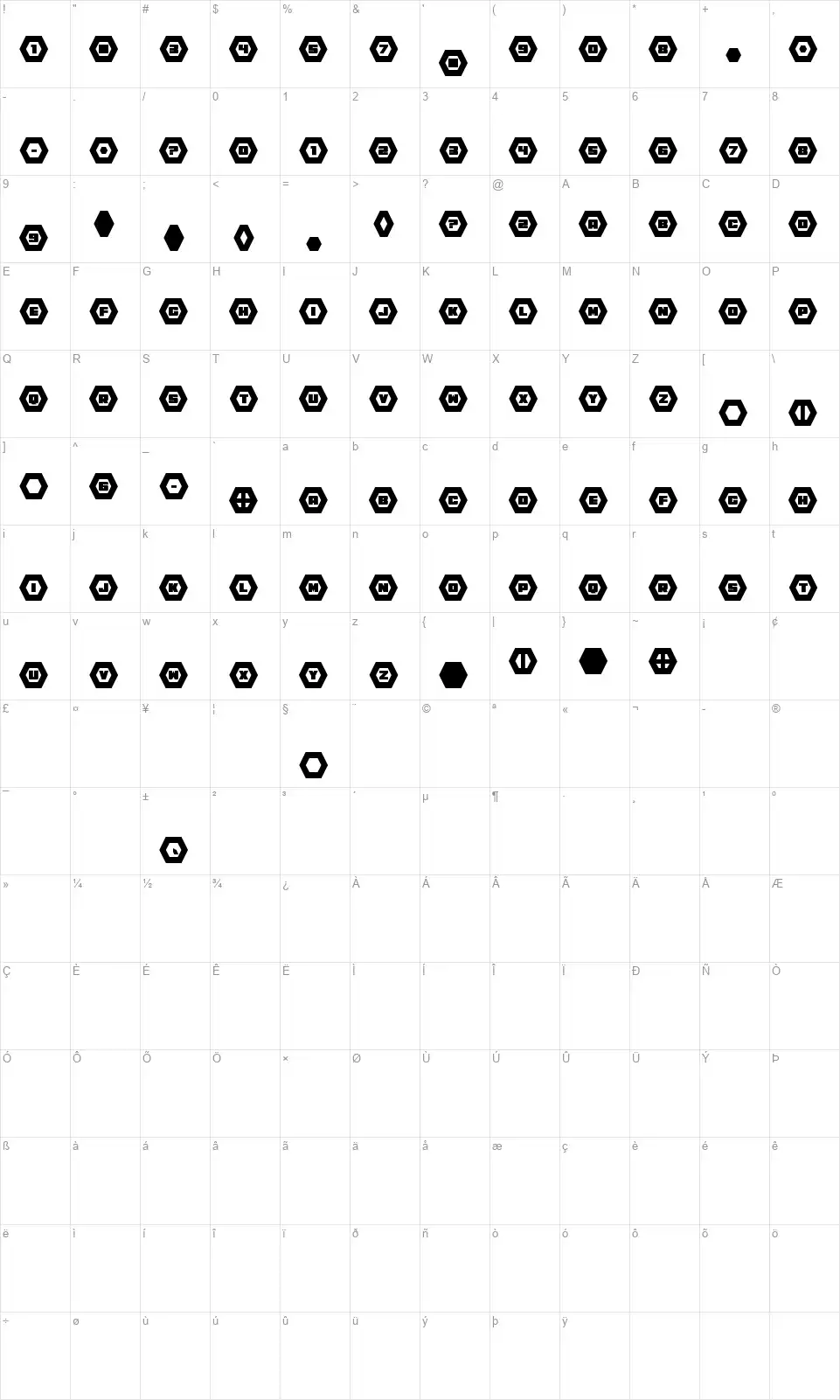 HeXkEyfont character map