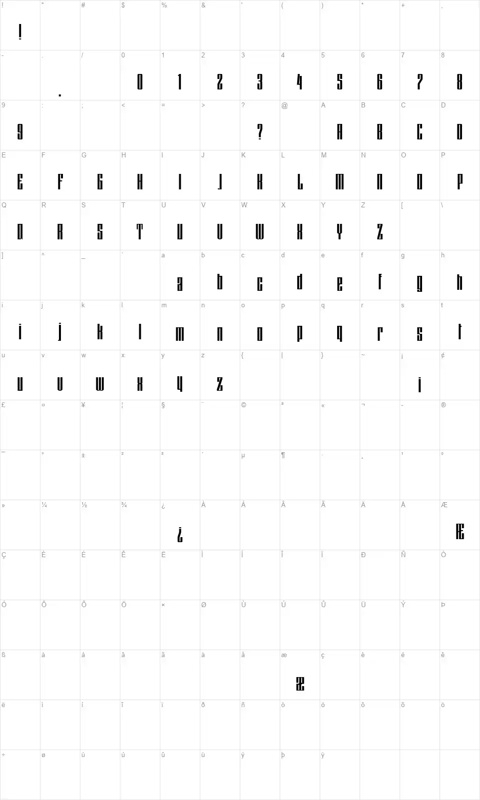 HFF Lasdof Twunylivenfont character map