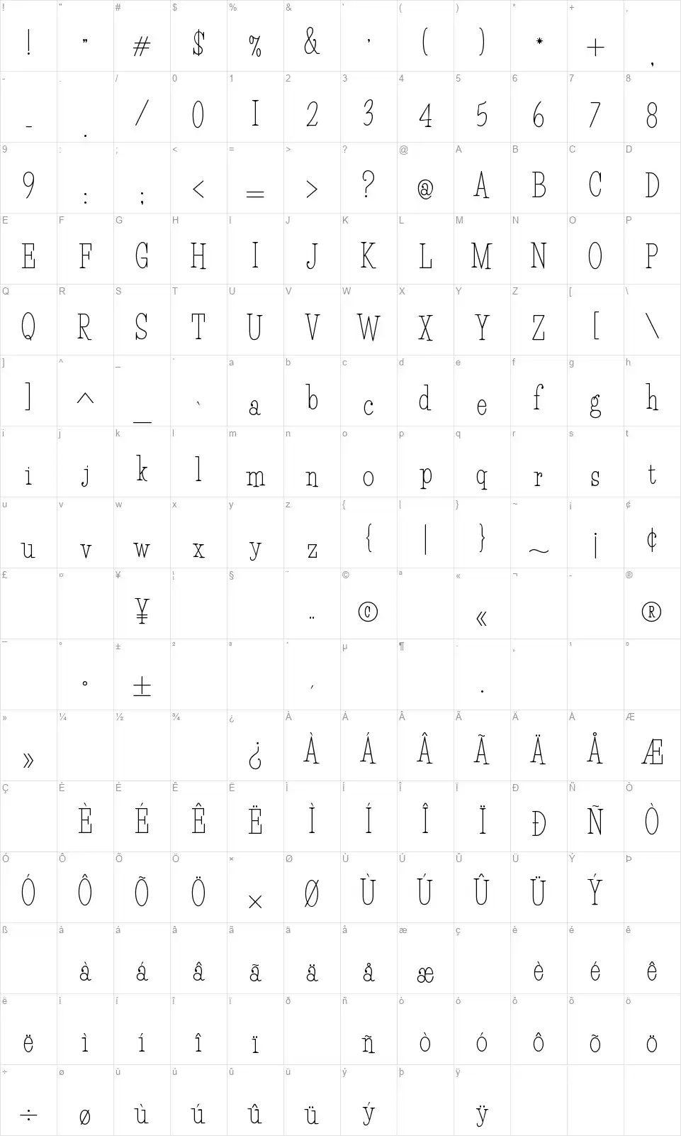 HFF Light Petalsfont character map
