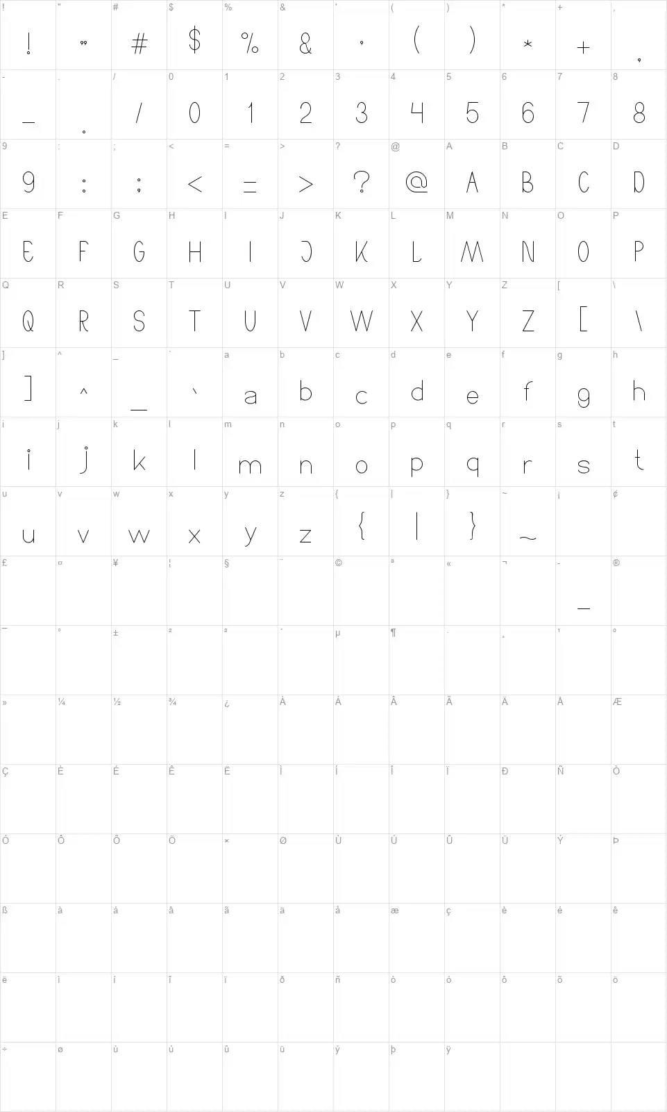 High Thin Lightfont character map