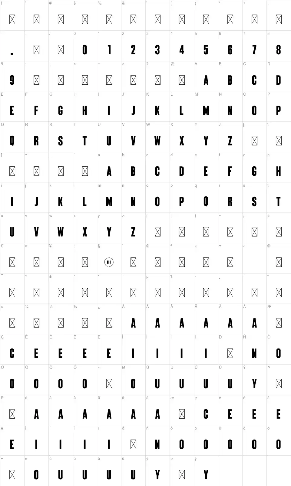Highrisefont character map