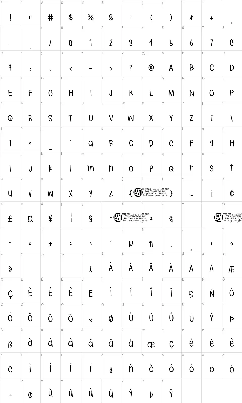 Hodgepodgeryfont character map