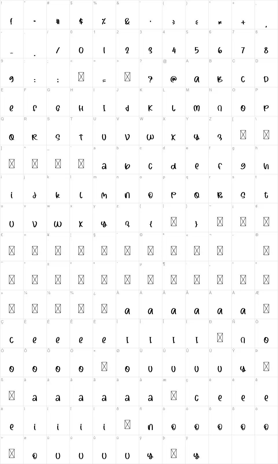 Holiday Storyfont character map