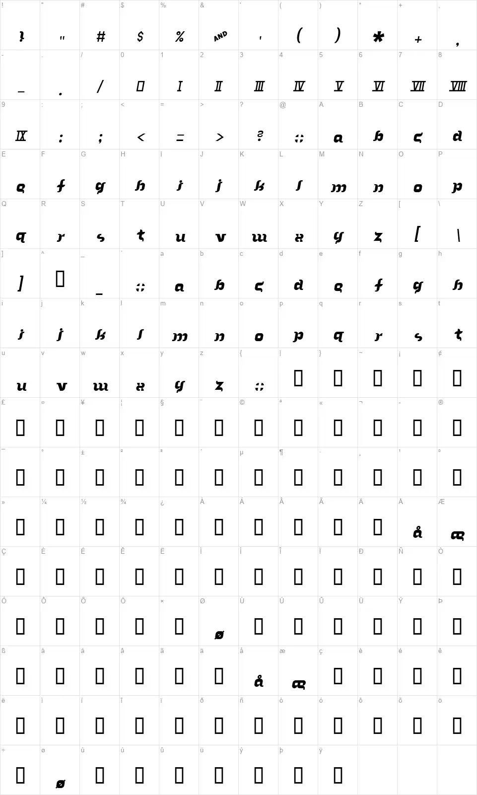 In the Arms of Sleepfont character map