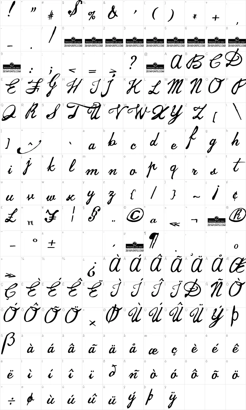 Jamscriptfont character map