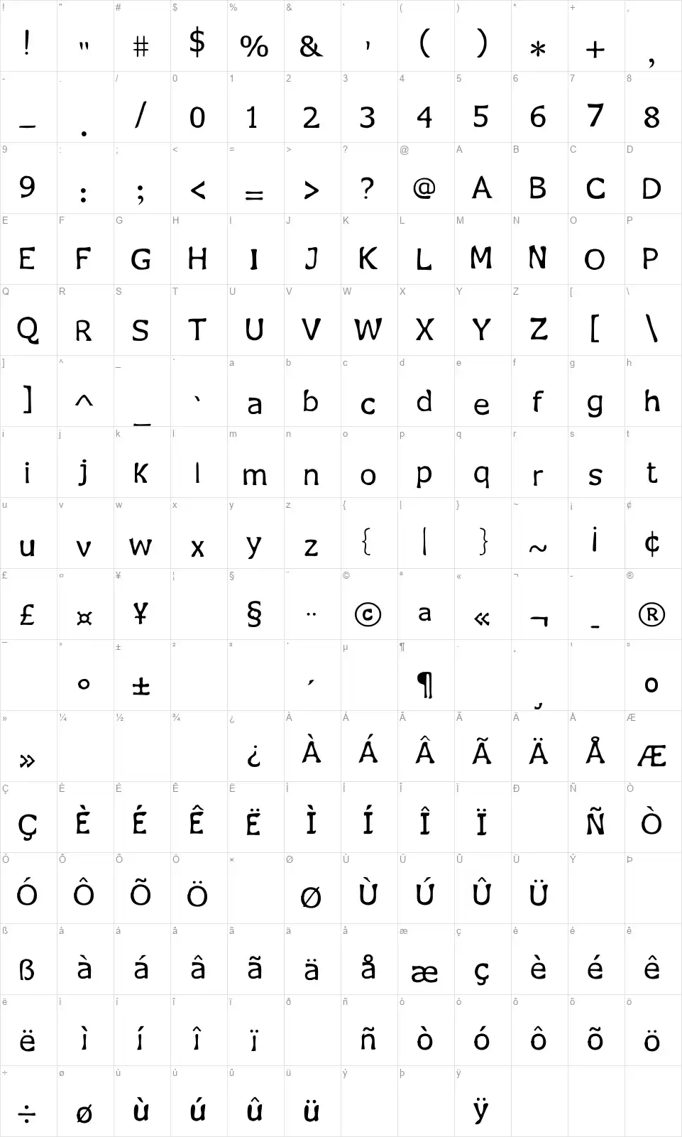 Jecko Legacyfont character map