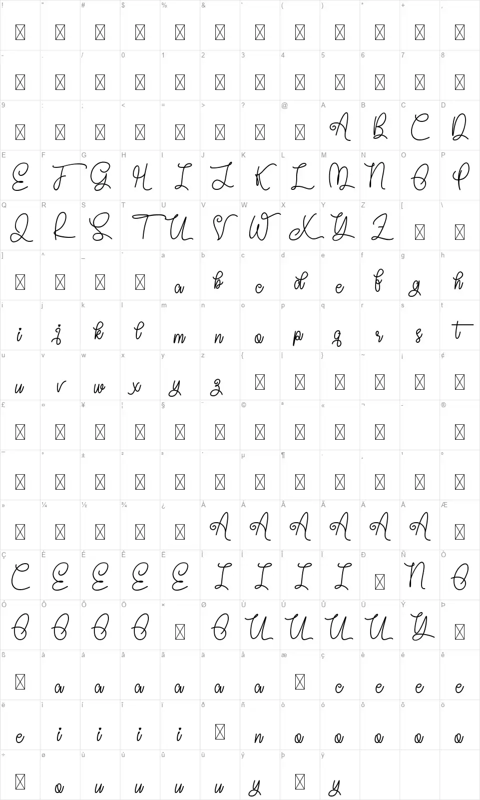 Jhameslinefont character map