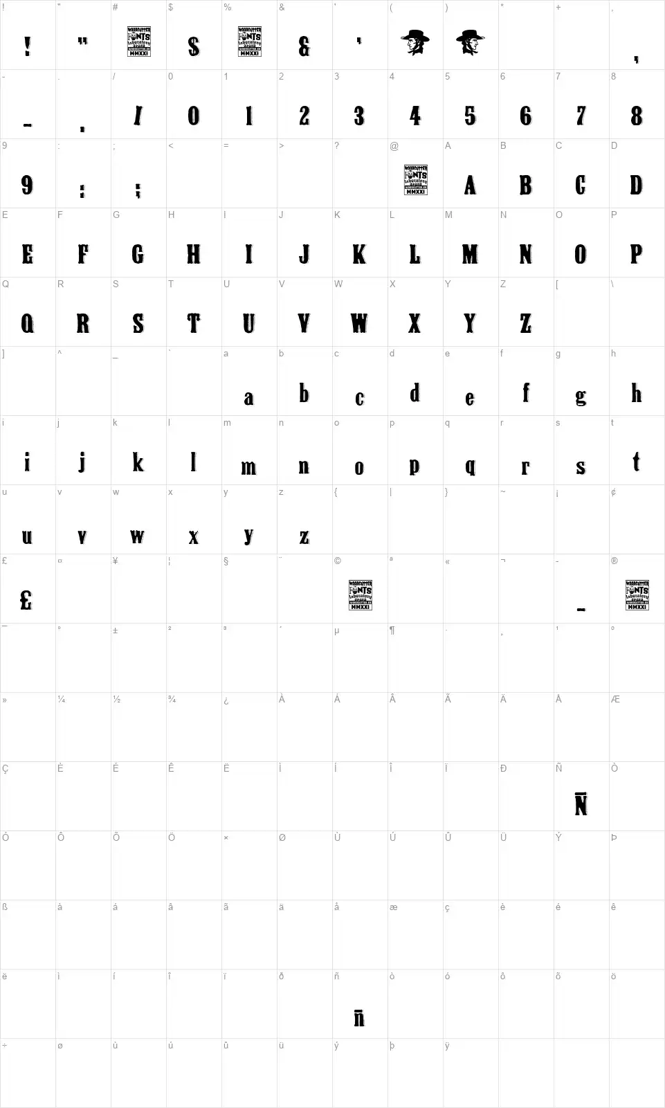 Johnny Pistolasfont character map
