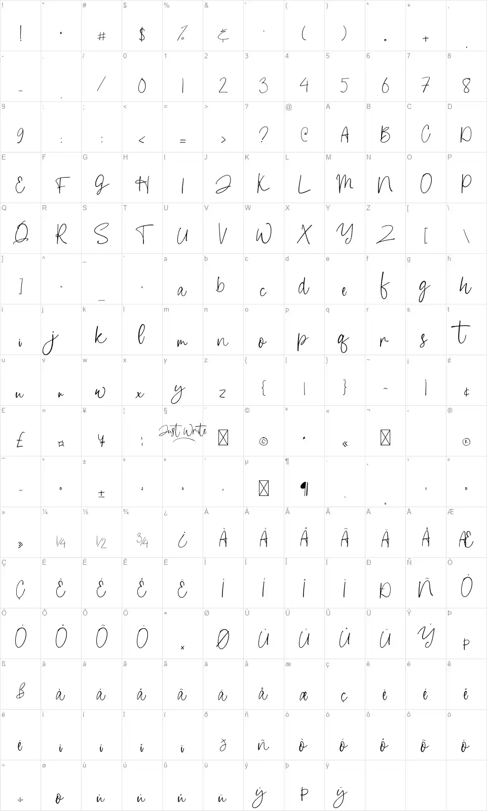Just Writefont character map