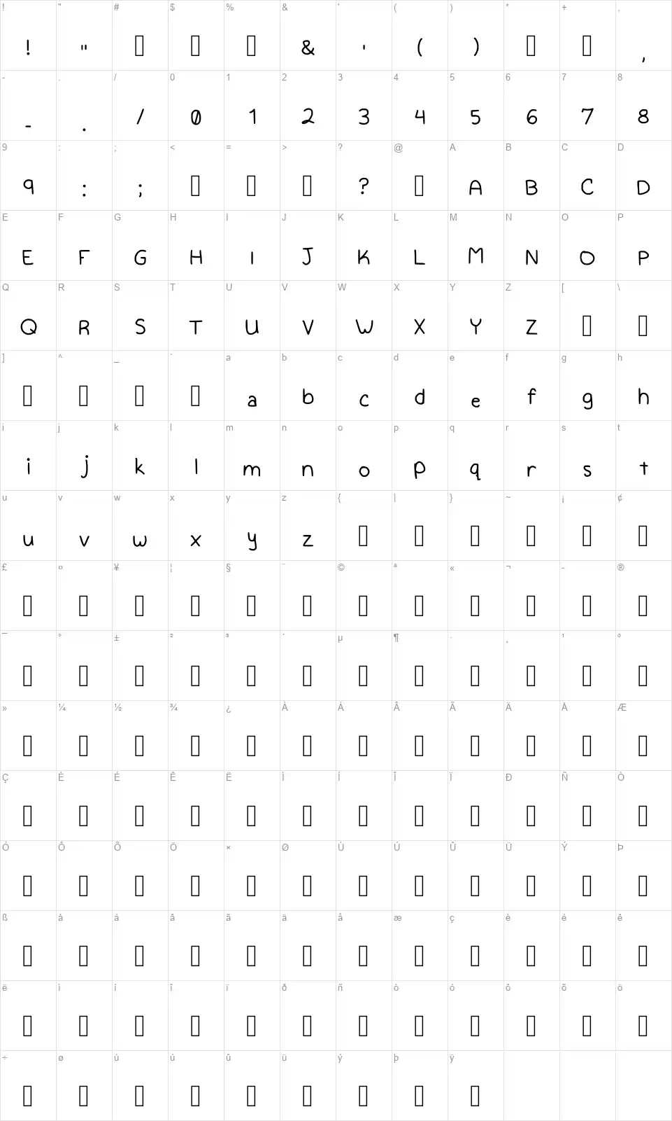 Kalis Handwritingfont character map
