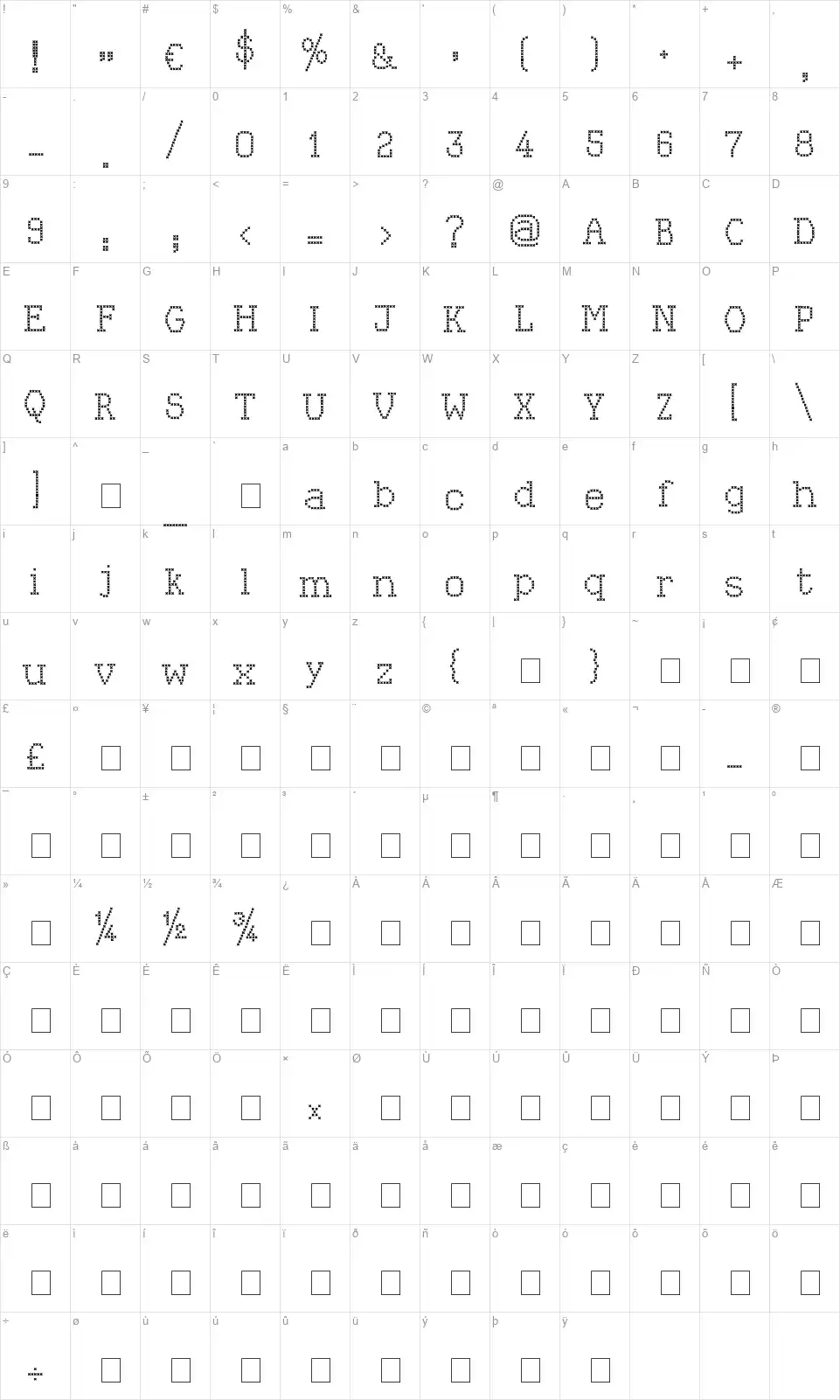 Kingthings Xstitchfont character map