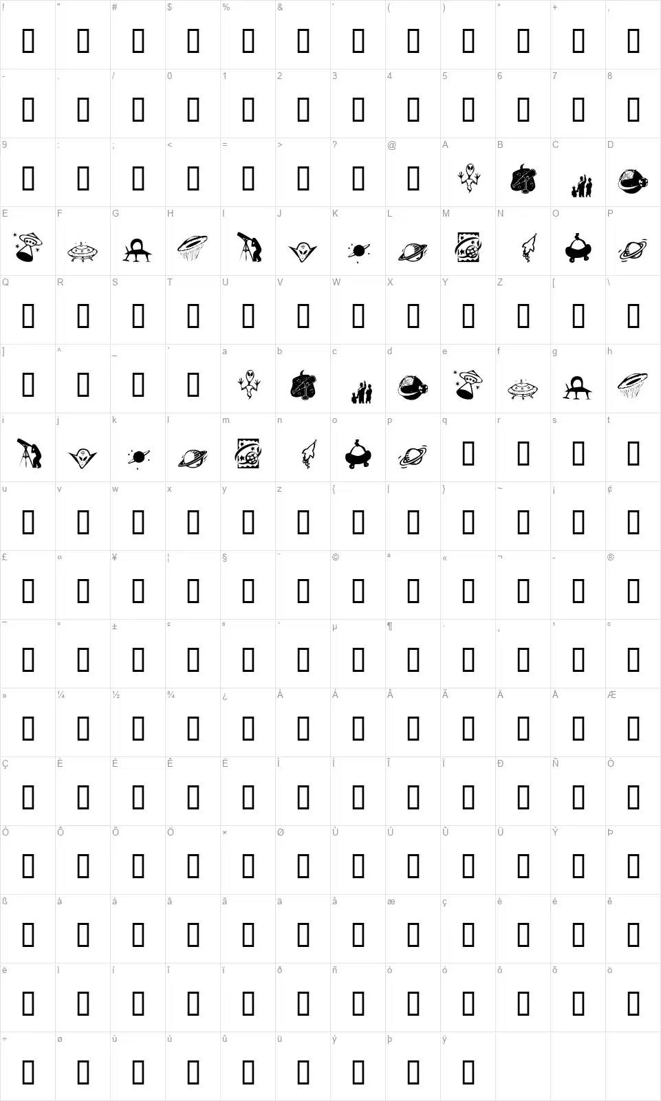 KR Out of this Worldfont character map