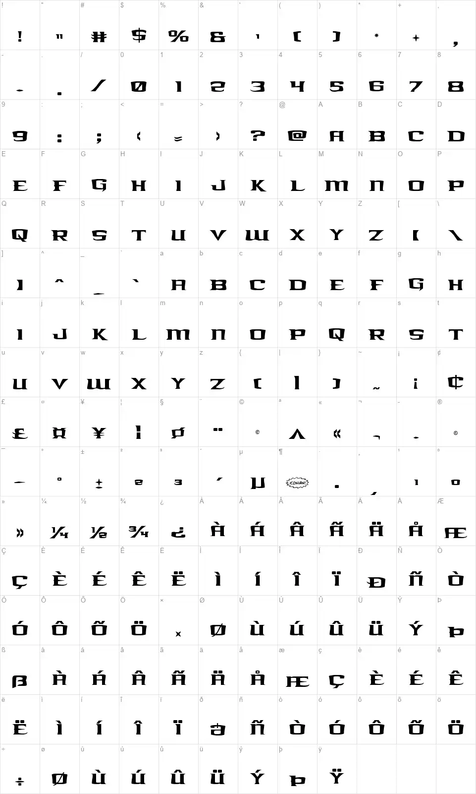 Kreature Kombatfont character map
