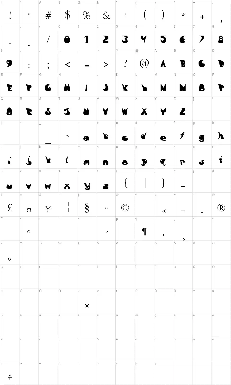 Lava Silhouettesfont character map