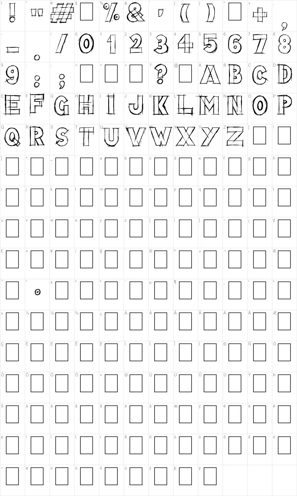 Lazy Sketchfont character map