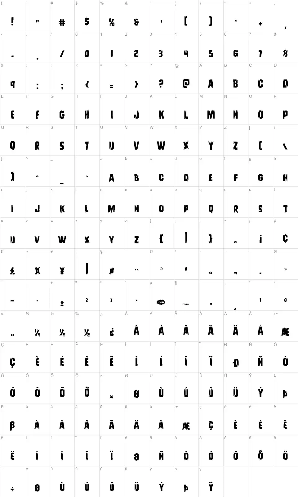 Leatherface font character map