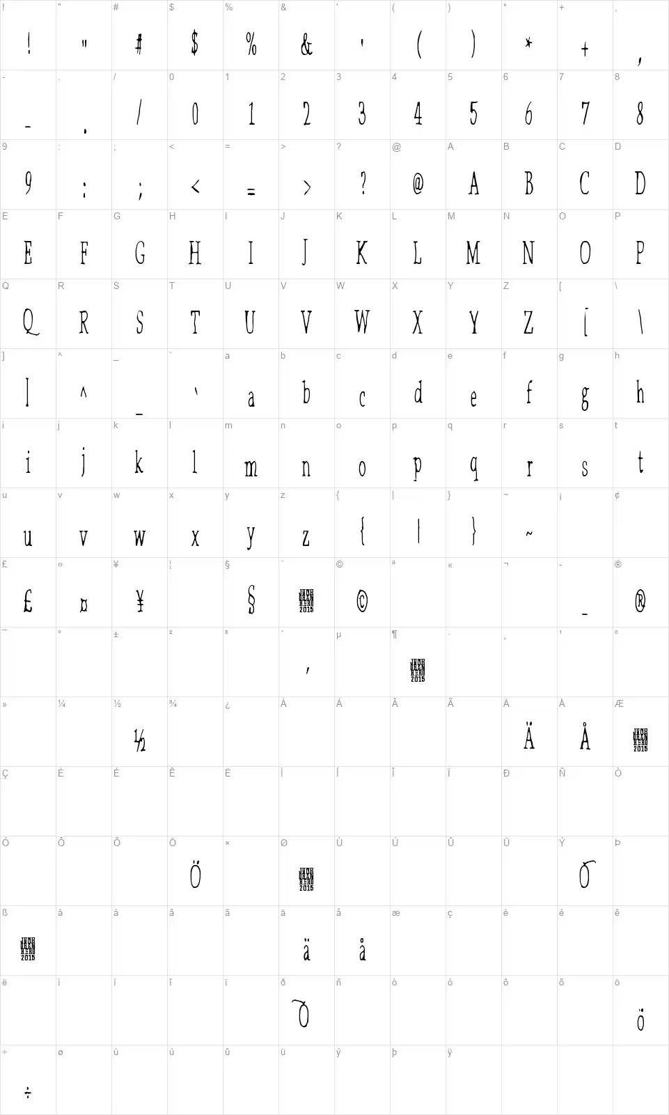 Lilith Xfont character map