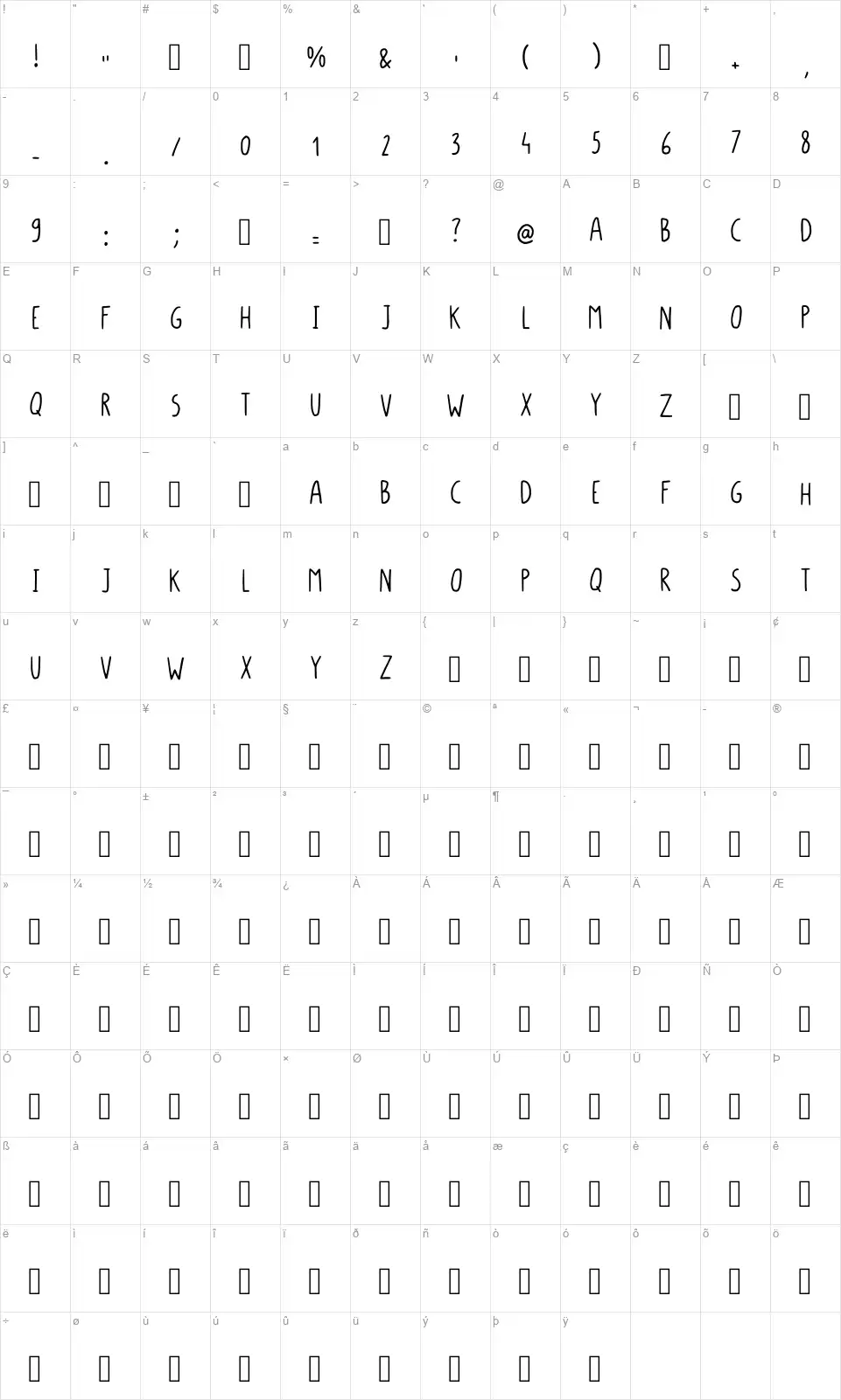 Long Batonfont character map