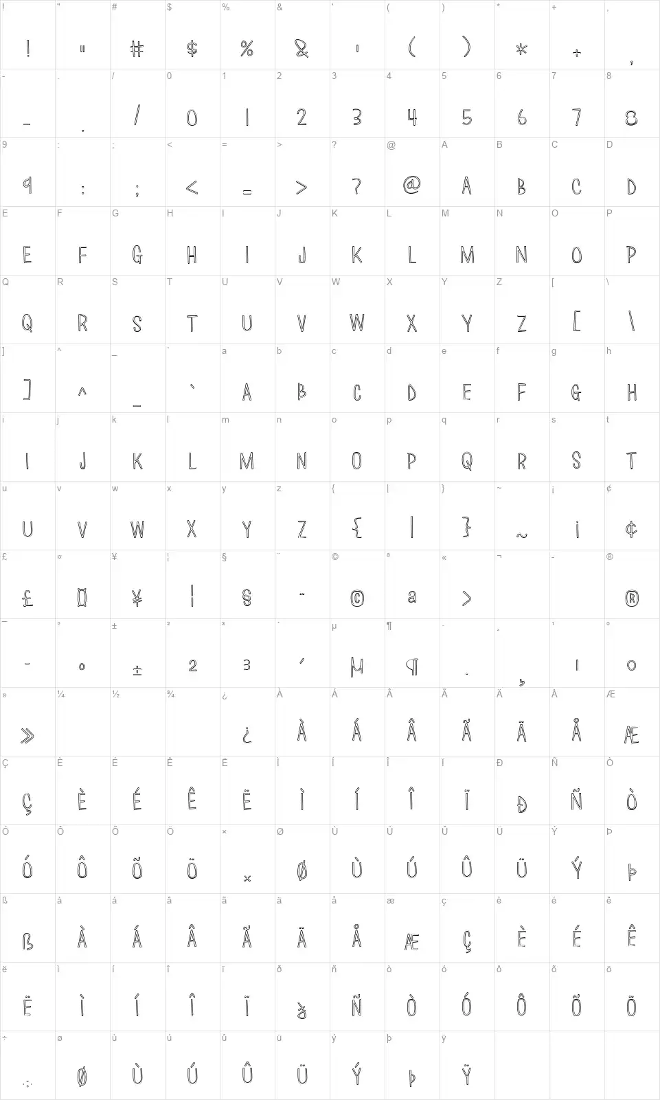 Love Monster Skinnyfont character map