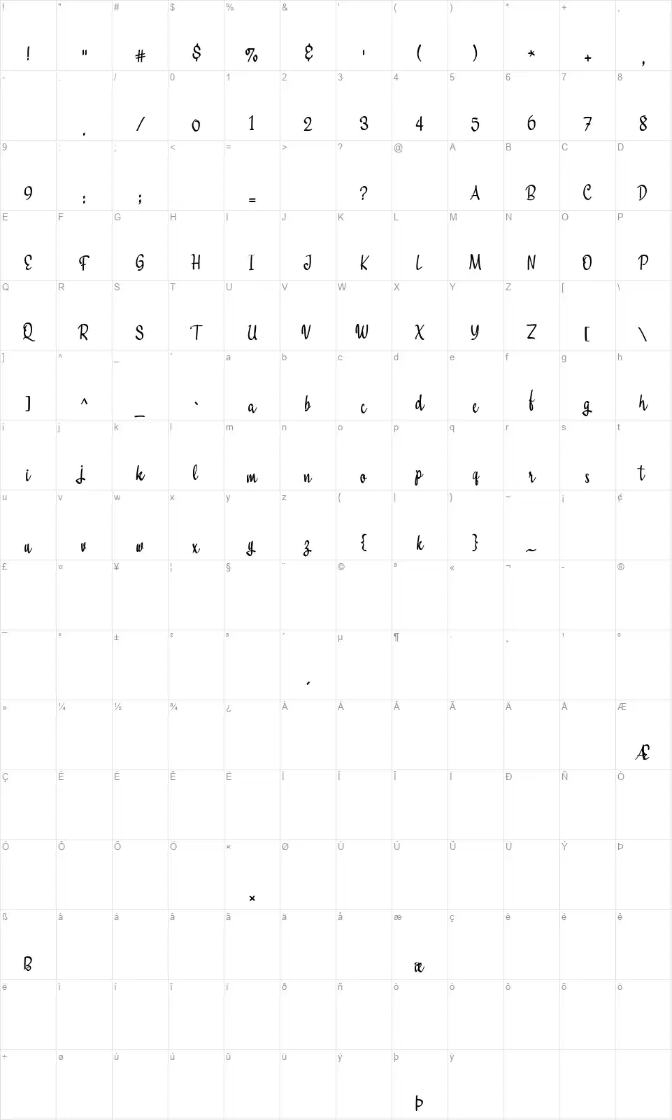 Lovestreetfont character map