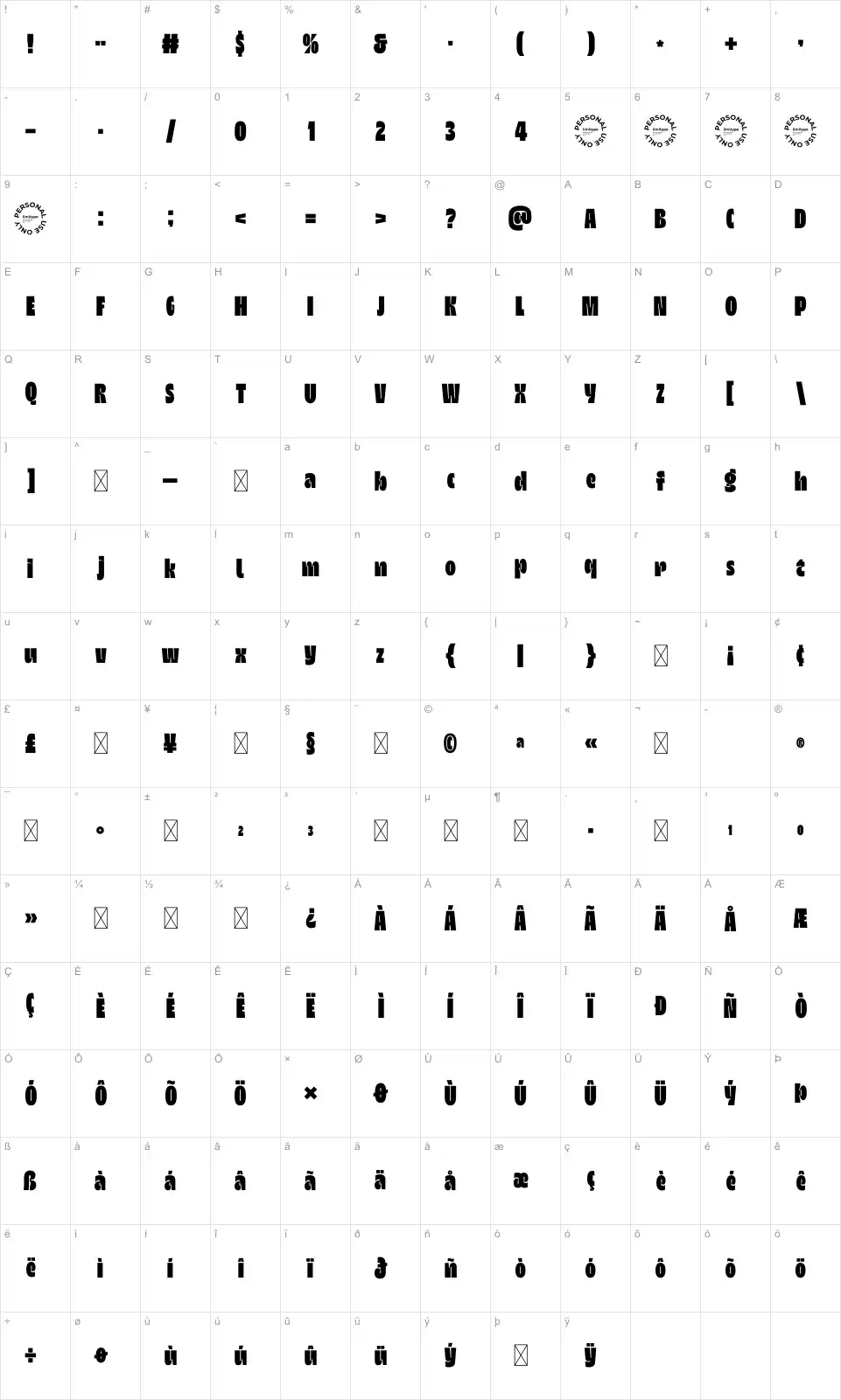 Megora Zeichentabelle Megorafont character map