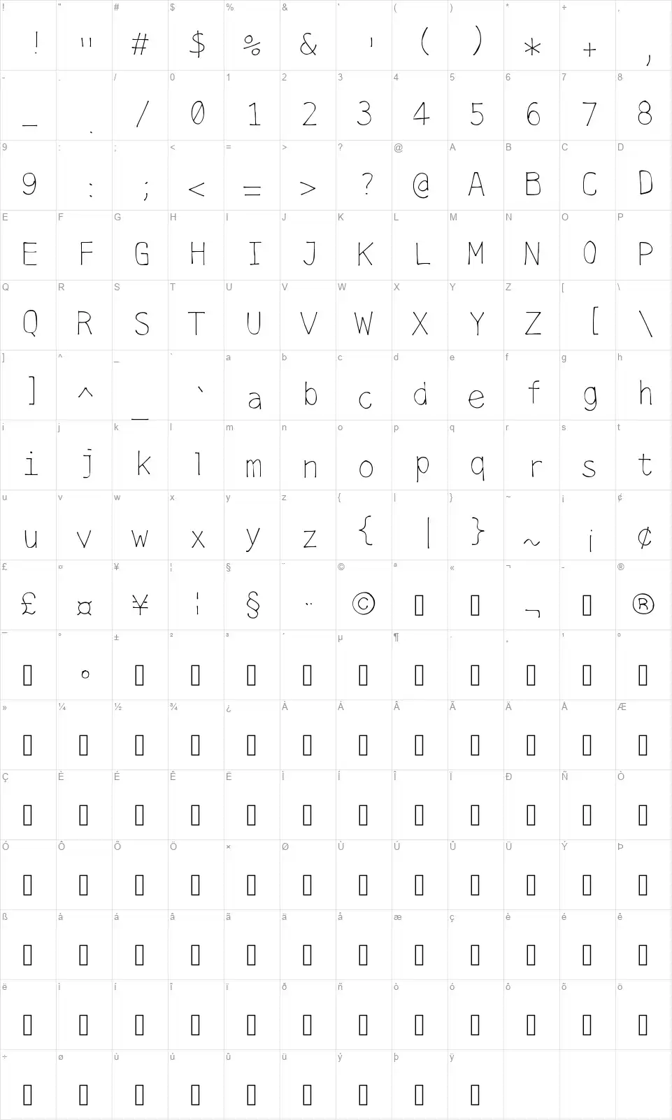 Menlotusfont character map