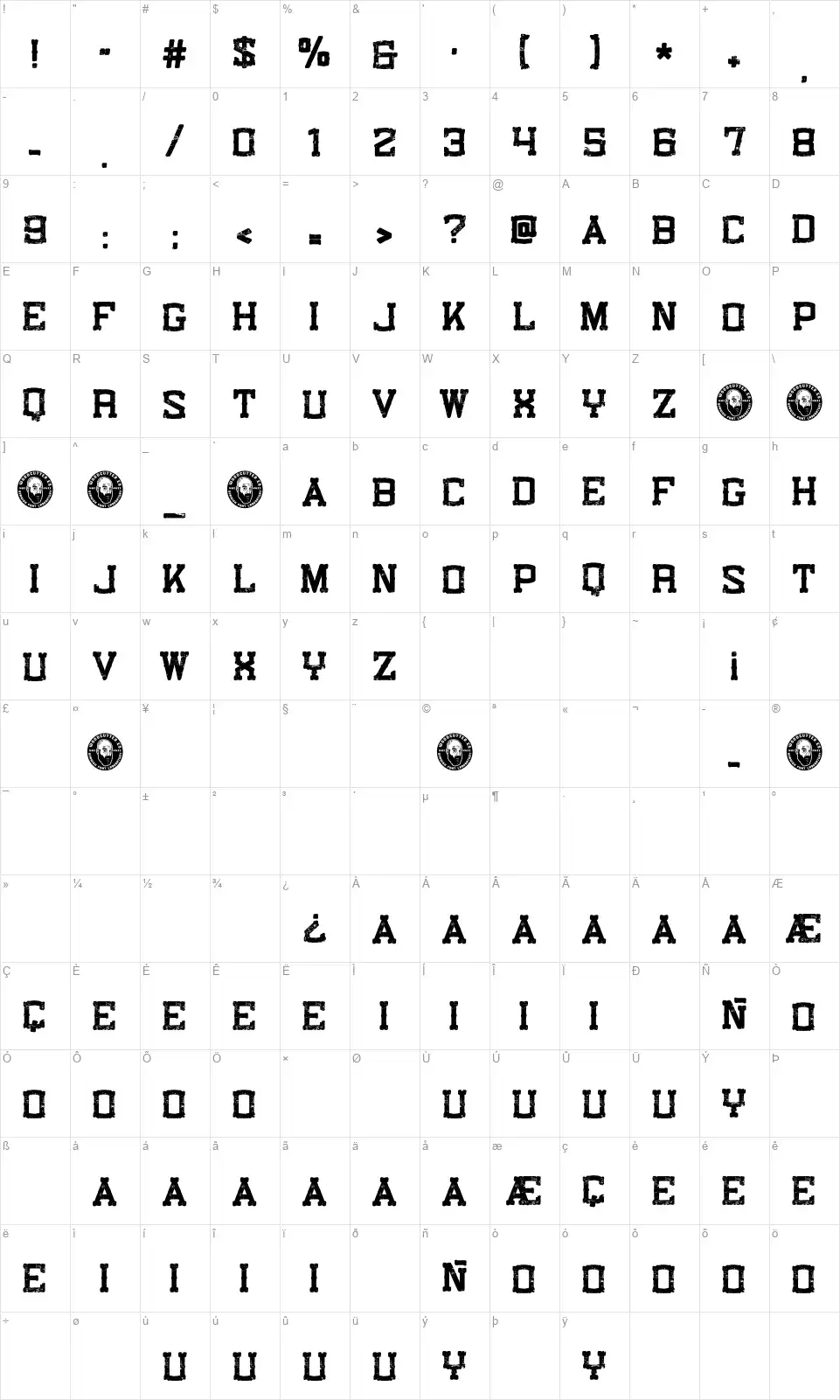 Misuri Clubfont character map