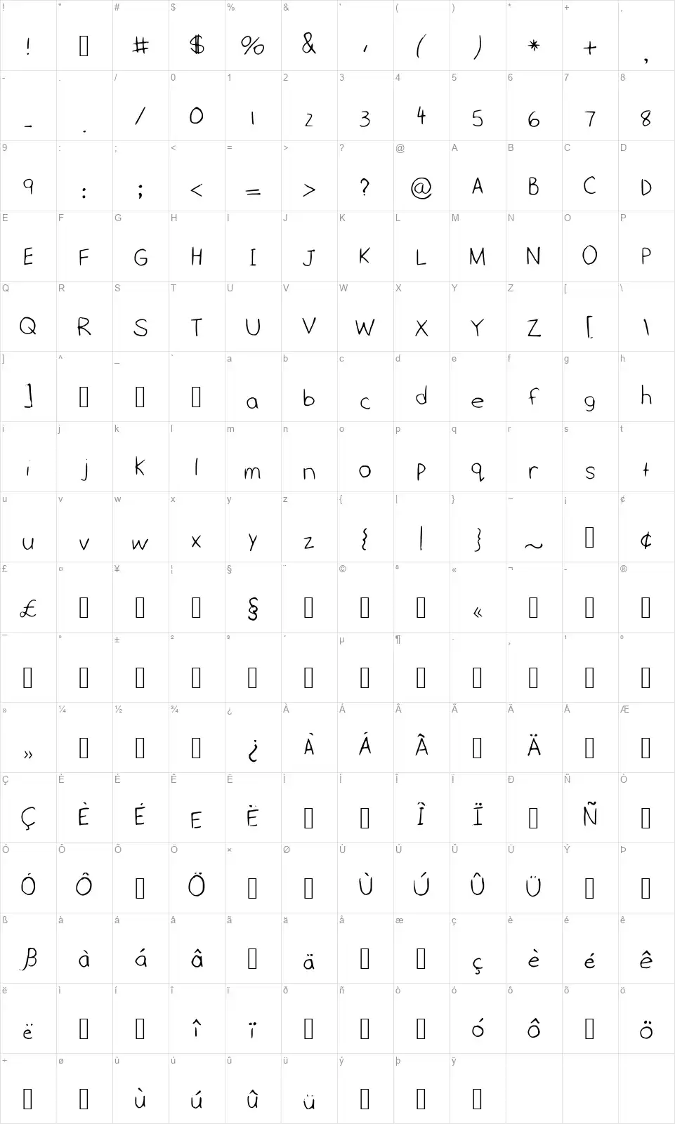 Monica Galaxyfont character map
