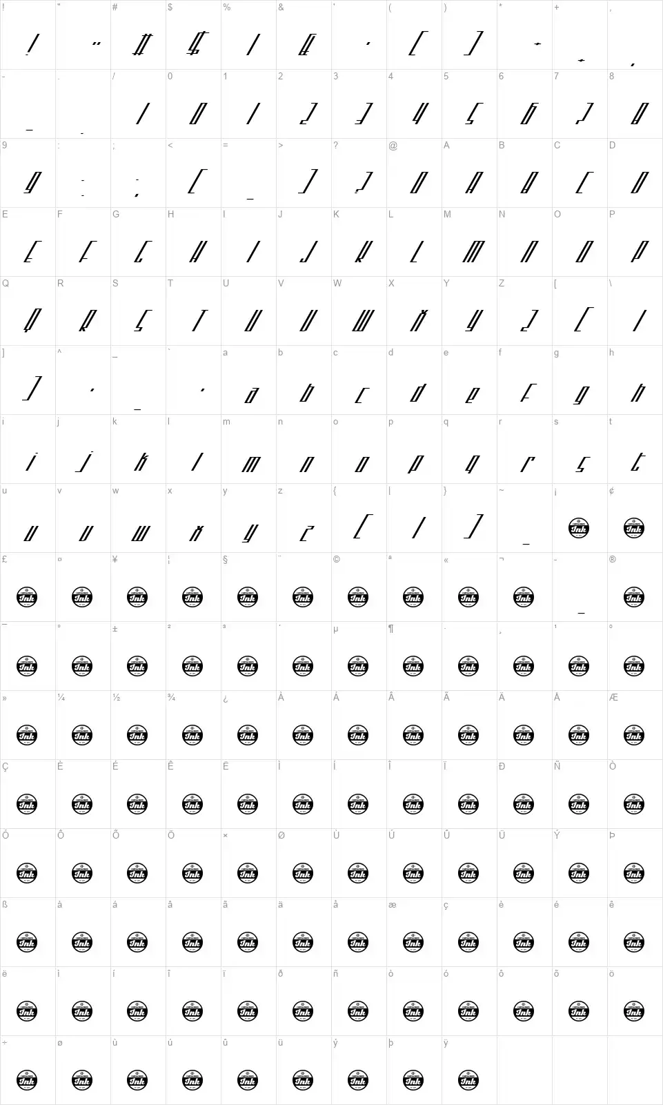 Nosebloodfont character map
