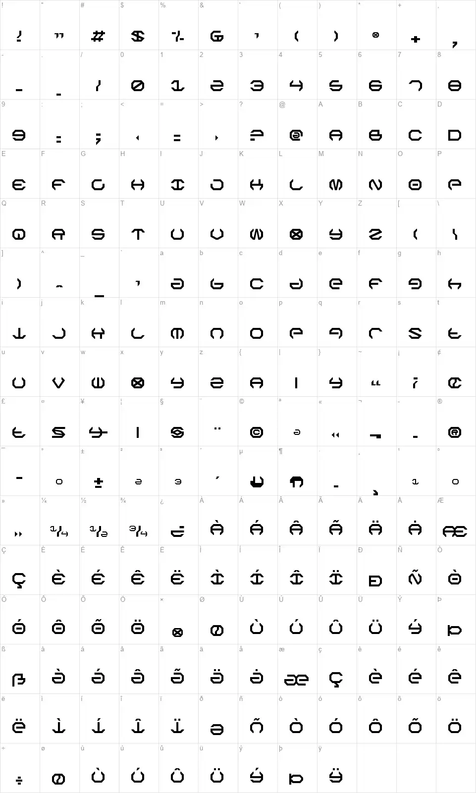 Omega Sentryfont character map