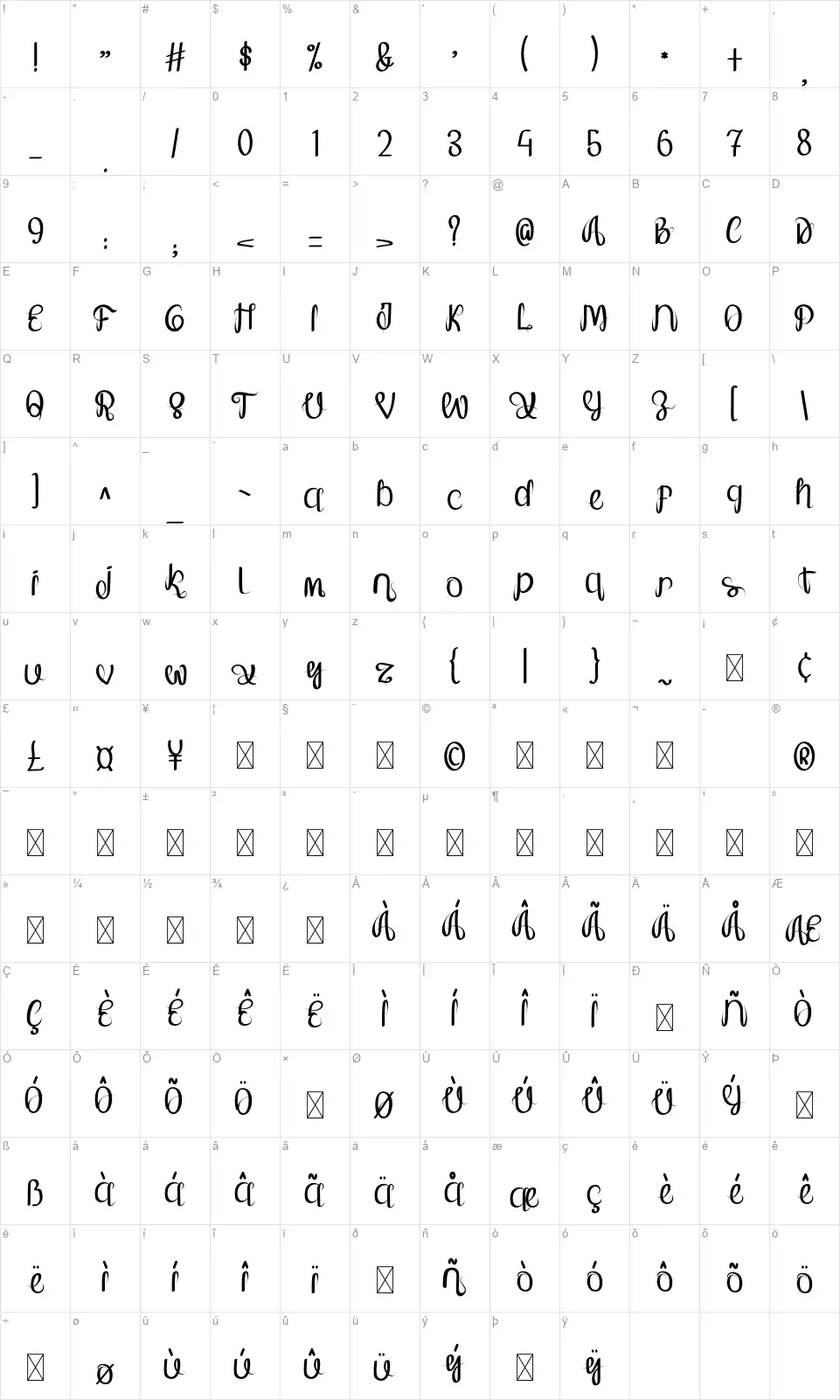 Orange Shinefont character map