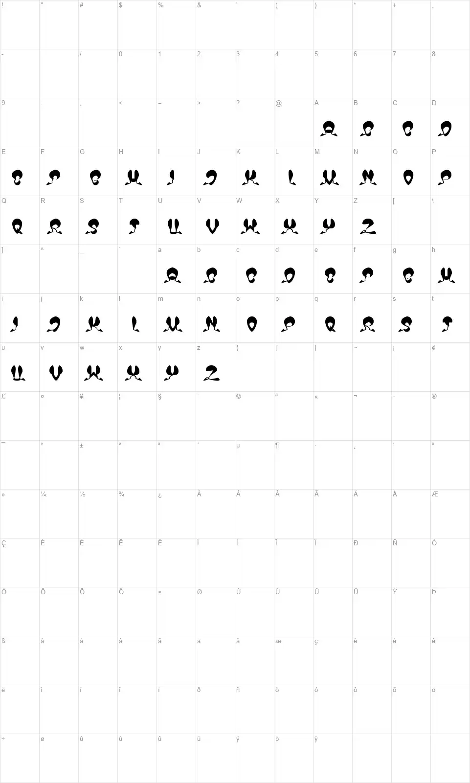 Over The Skyfont character map