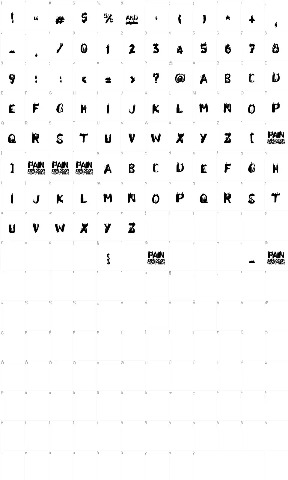 Pain Explosionfont character map