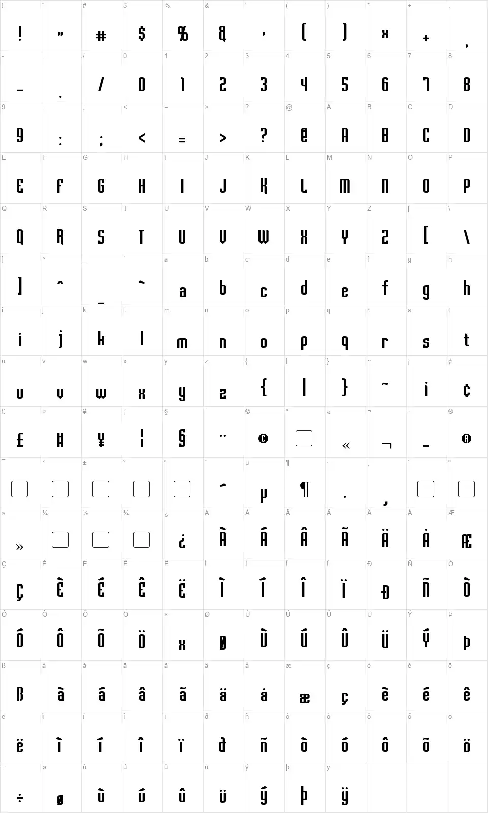 Palisocfont character map