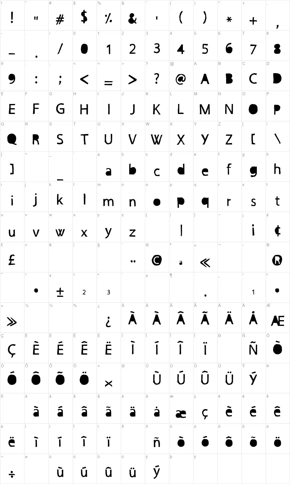 Papercutcrefont character map