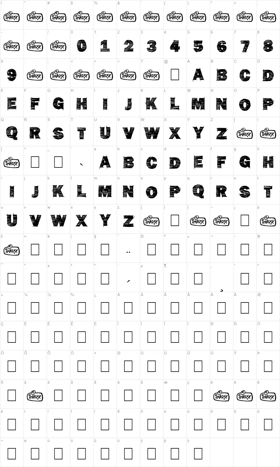 Penstripedfont character map