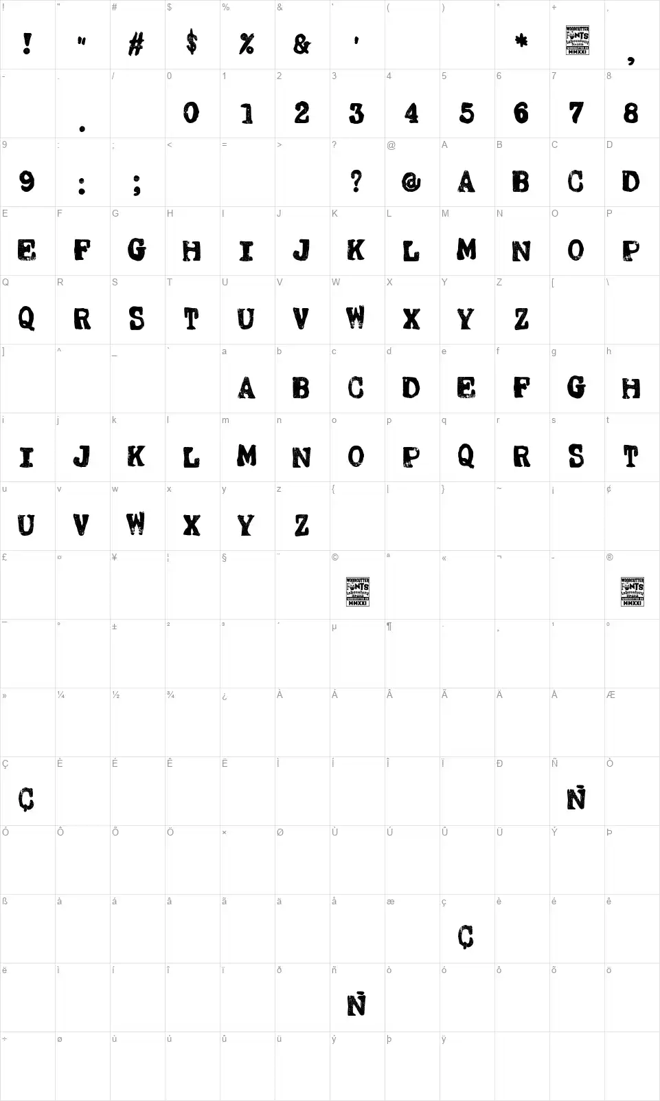 Pentagono Grungefont character map