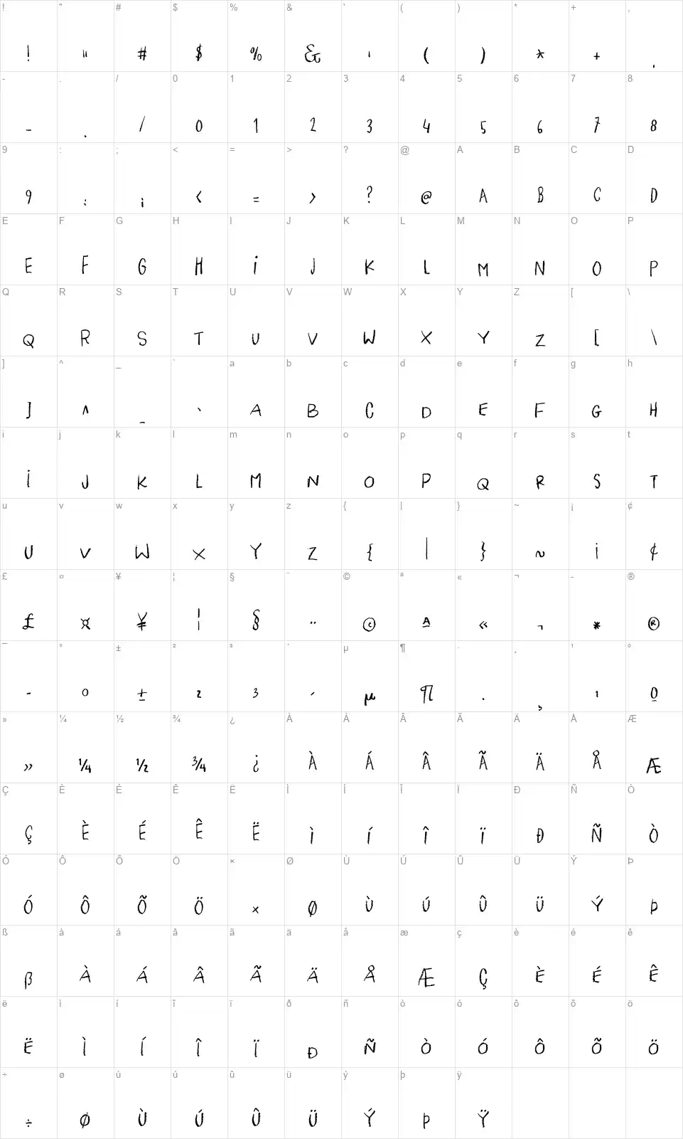 Pigeon Wingfont character map