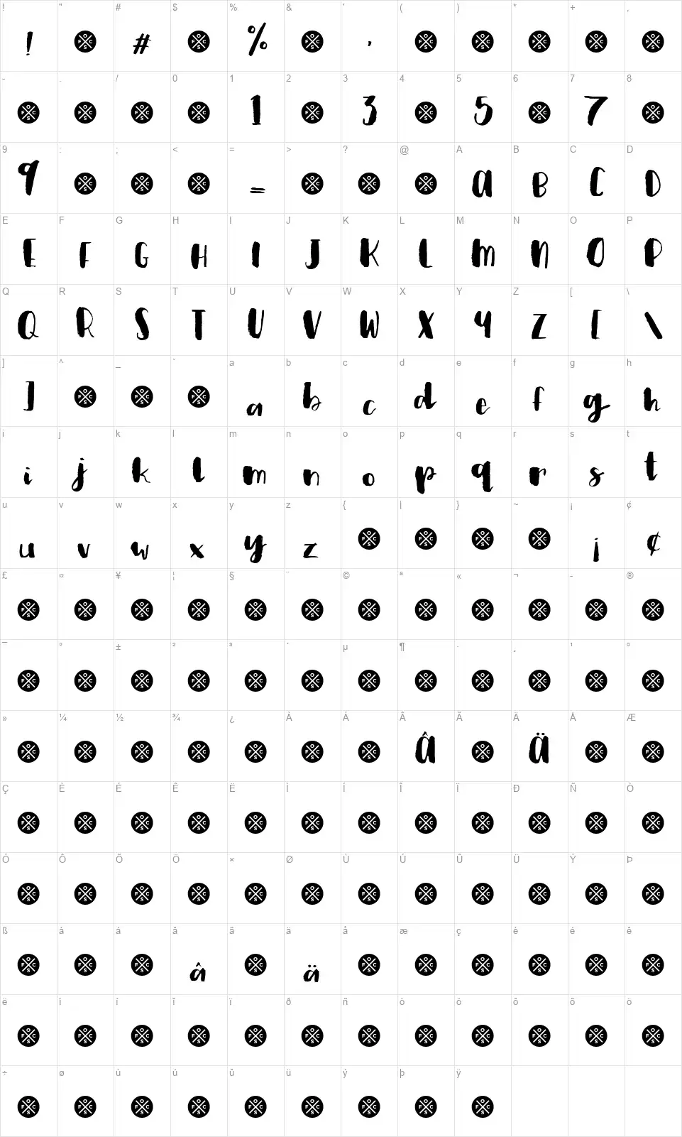 Plum Brush Scriptfont character map