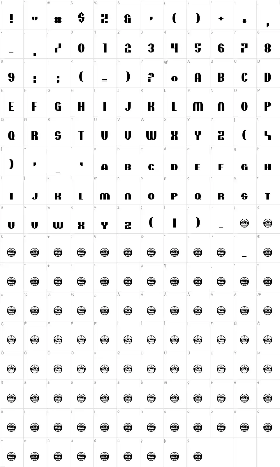 Projectionistfont character map