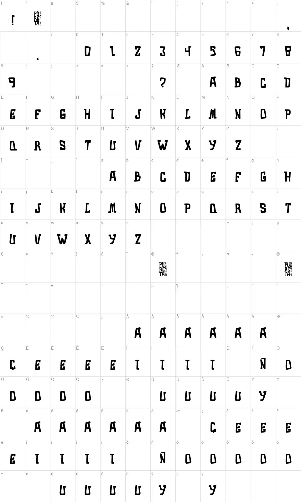 Puretafont character map