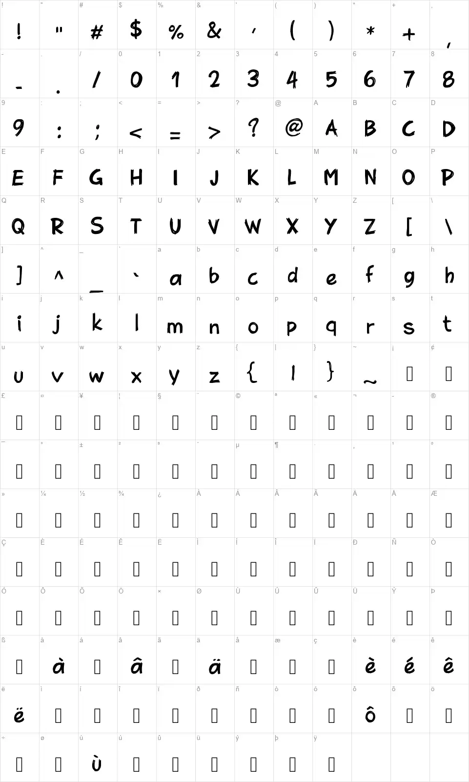PW Brusheezfont character map