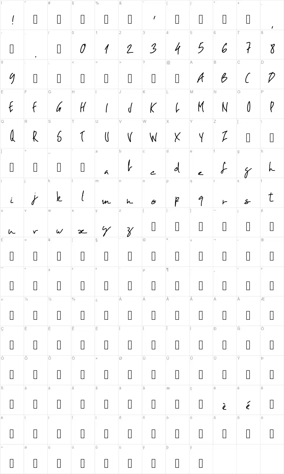 PW Obliquefont character map