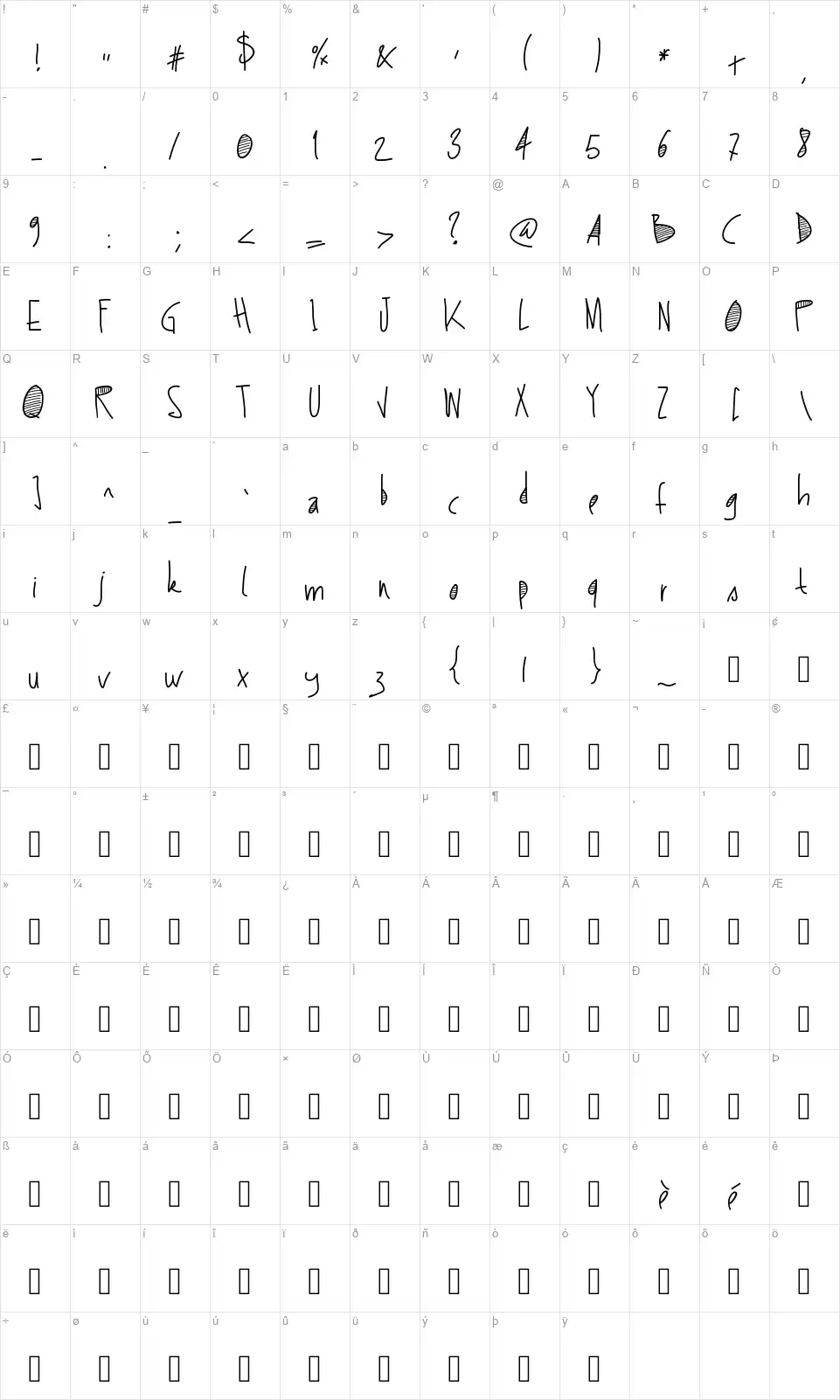 PW Stripesfont character map