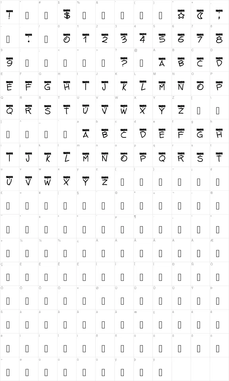 PW Tinsel Lettersfont character map